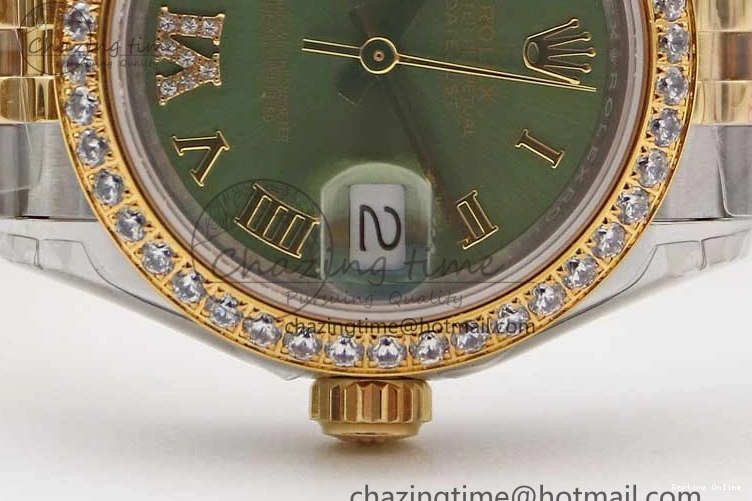 1219 Bright Lady DateJust 28 SS YG TWF Diamonds Bezel 1:1 Best Edition Green Dial Roman Markers on Jubilee Bracelet NH 2135